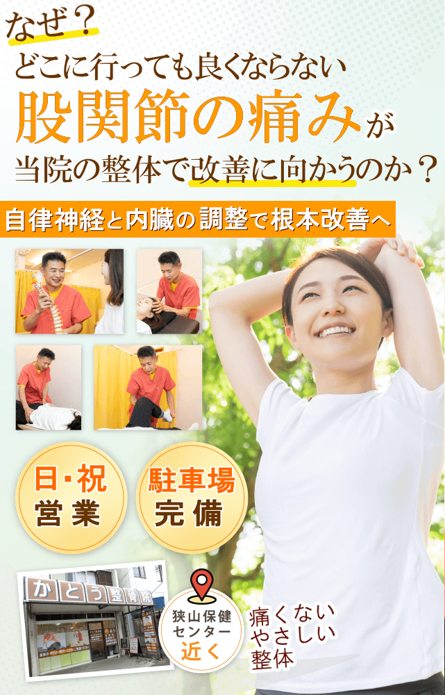 狭山で股関節の痛み、変形性股関節症でお悩みならば、かとう整骨院
