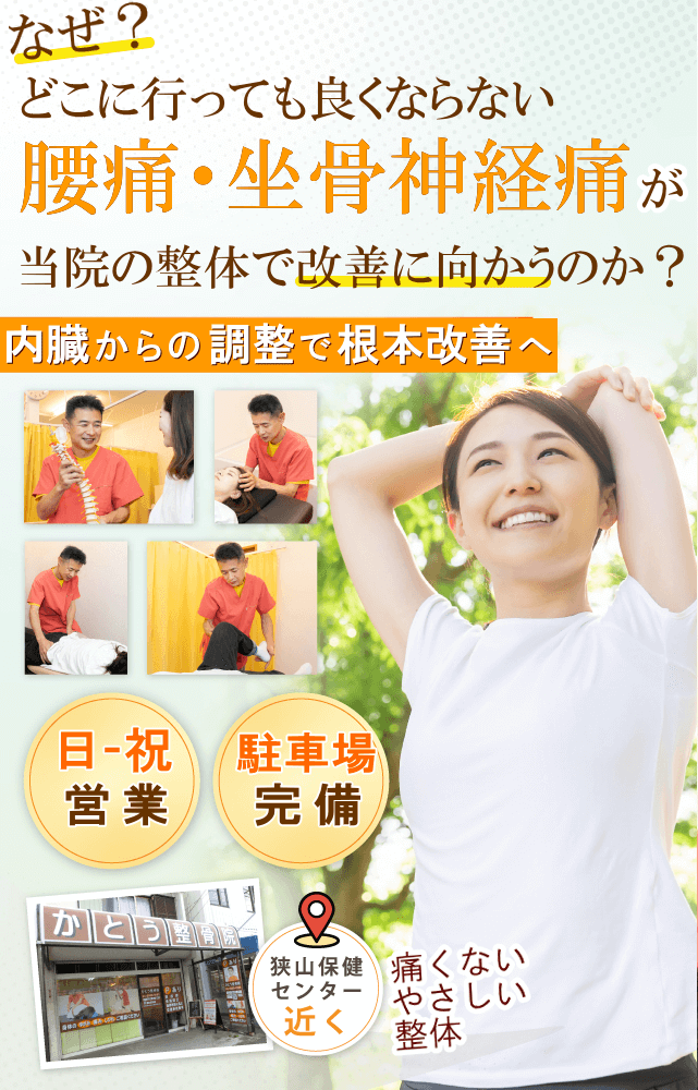 狭山で腰痛・坐骨神経痛でお悩みならば、かとう整骨院